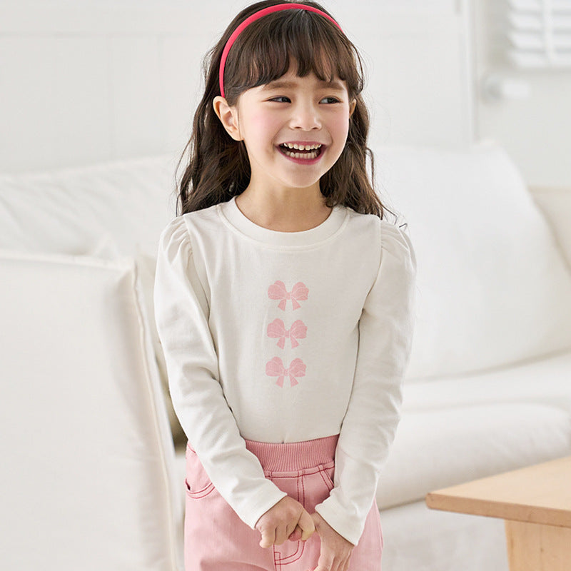 Girls Casual Bow Printed Long Sleeve T-Shirt