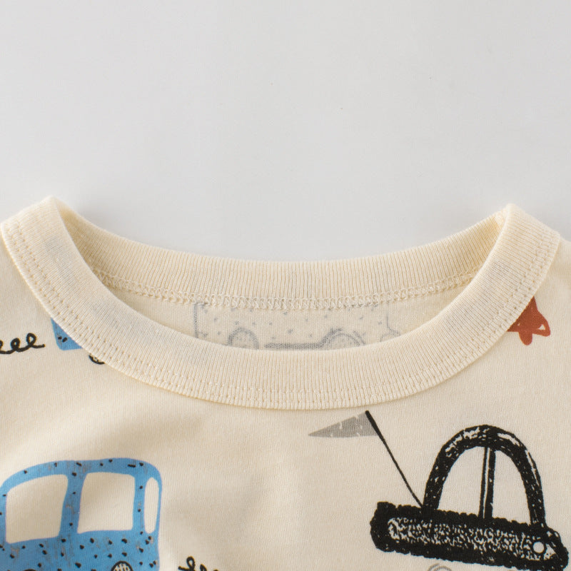 Boys Basic Cartoon Car Round Neck Short-sleeved T-shirt