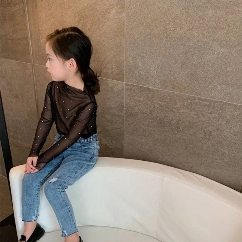 Children Kids Toddlers Fashion Girls Lace Mesh Long Sleeve Basic T-Shirt