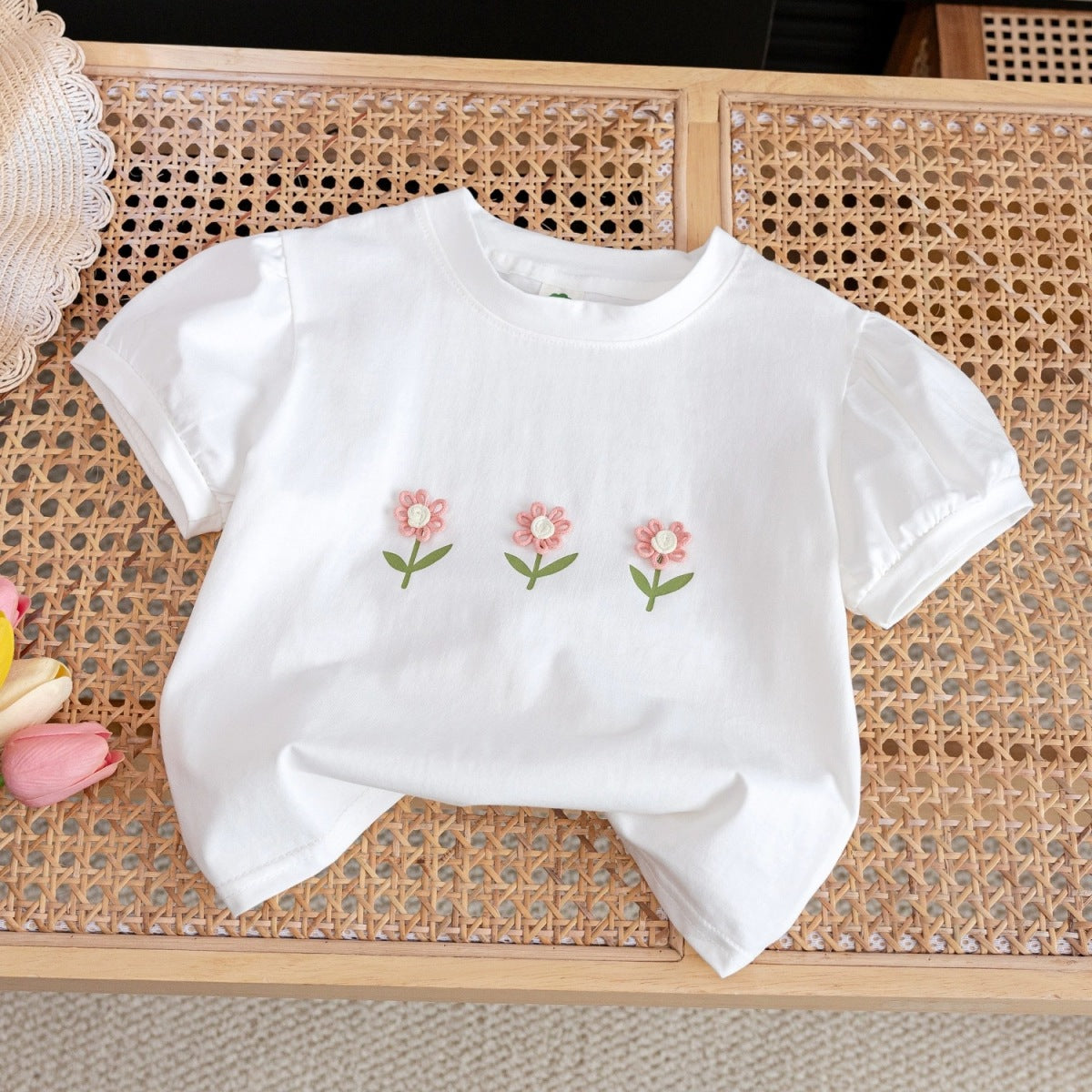 Kids Toddler Girls Casual Cute Flower Short Sleeve Round Neck T-Shirt