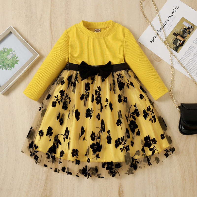 Toddlers Newborn Baby Girlslong-Sleeved Round Neck Mesh Princess Dress