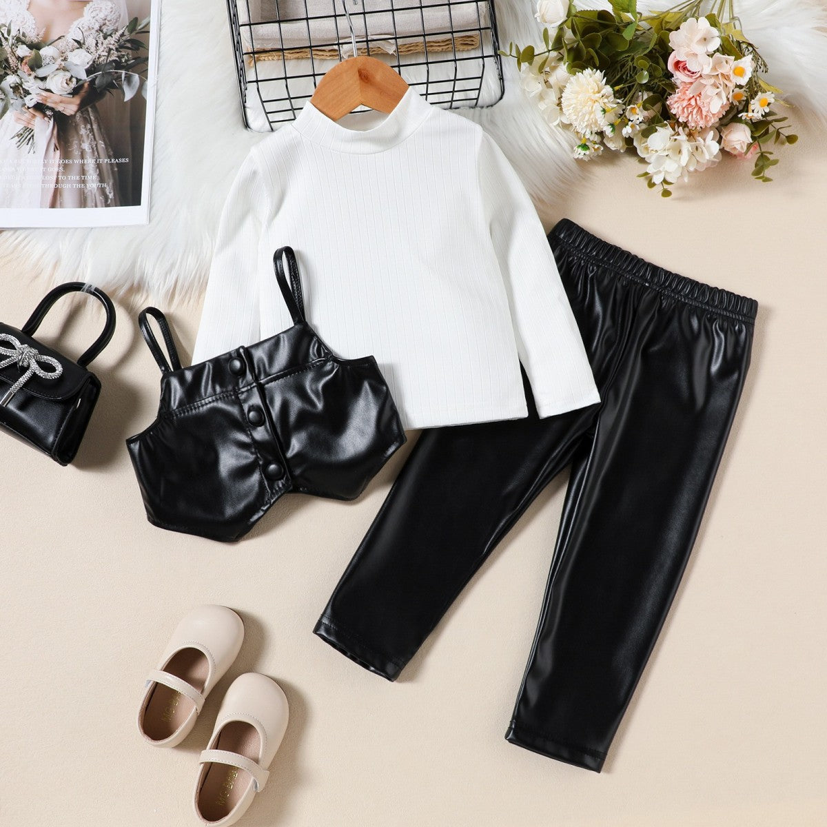 Autumn And Winter Girls Fashion Leather Trousers Three-Piece Set