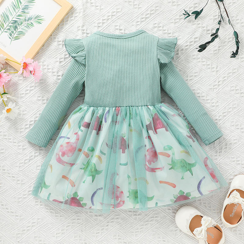 Toddlers Newborn Baby Girls Striped Long-Sleeved Stitching Mesh Dress