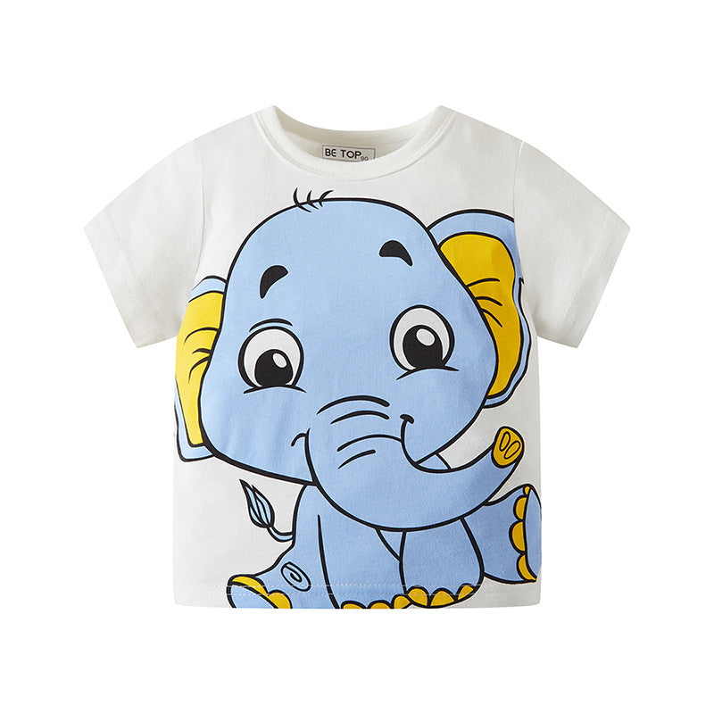 Kids Toddler Boys Casual Cute Cartoon Elephant Print Short Sleeve Round Neck T-Shirt