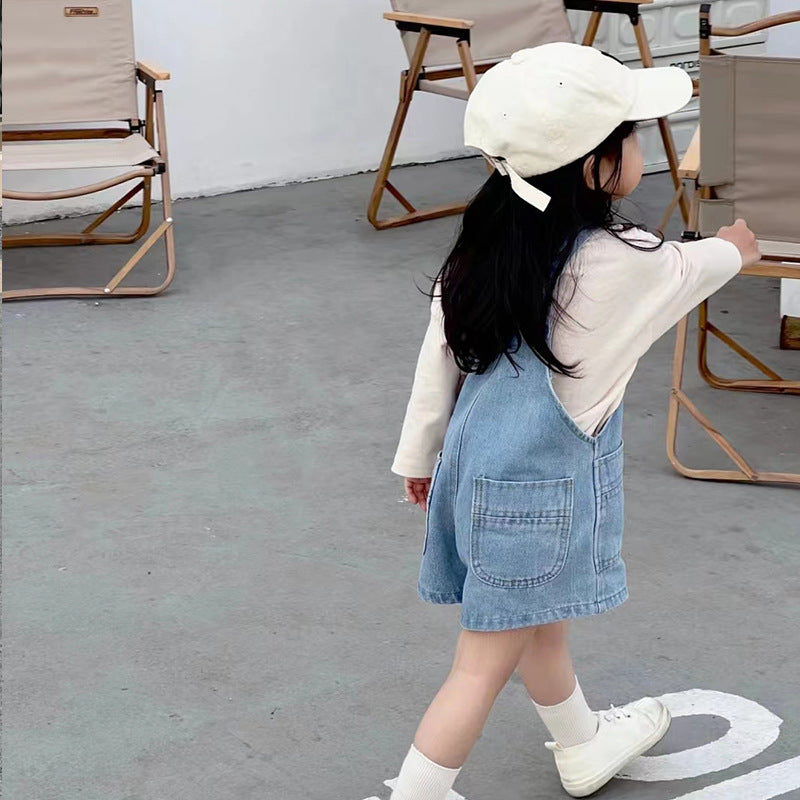 Children Kids Baby Fashion Girls Solid Color Strap Denim Shorts Romper