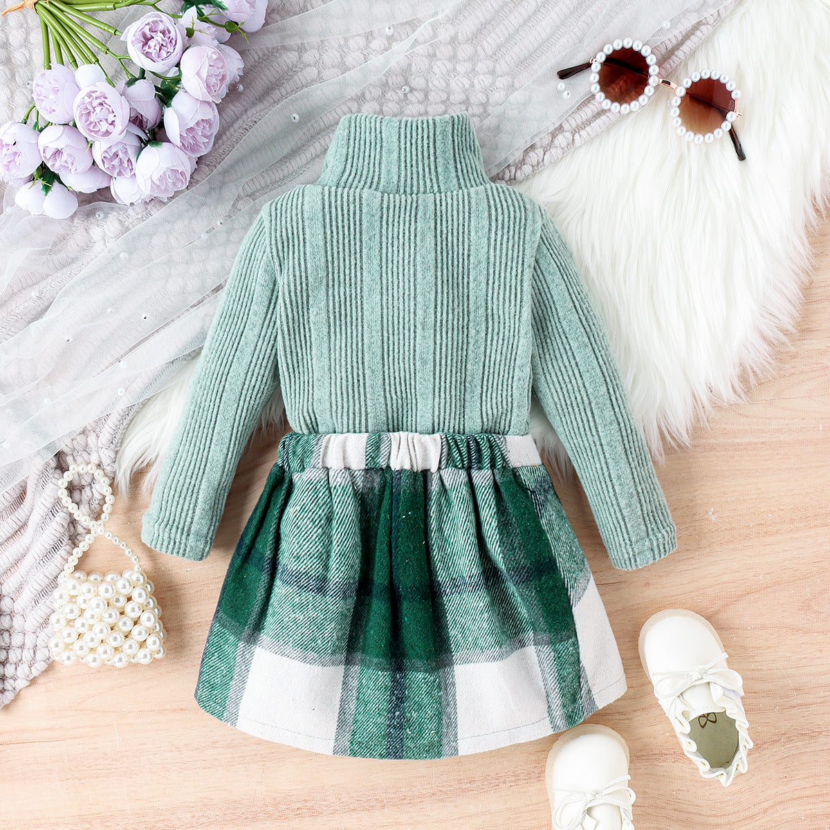 Autumn And Winter Girls Fashion Solid Color High Collar Long Sleeve Sweater Plaid Bow Skirt Two-Piece Set