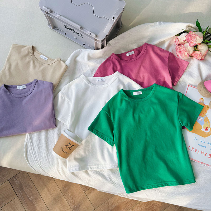 Kids Toddler Boys Girls Casual Cute Solid Color Short Sleeve Round Neck T-Shirt