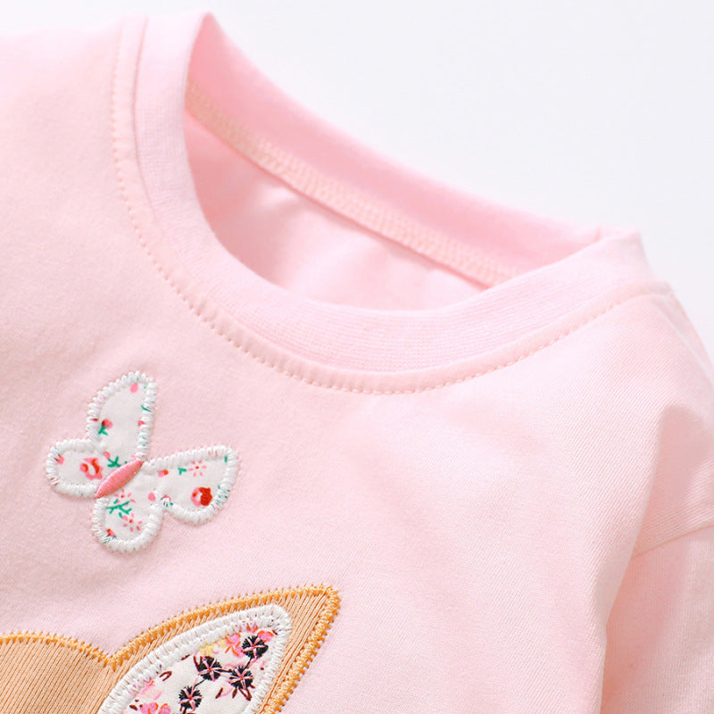 Kids Toddler Big Girls Fashion Casual Cute Butterfly Fawn Embroidery Round Neck Long Sleeve T-Shirt