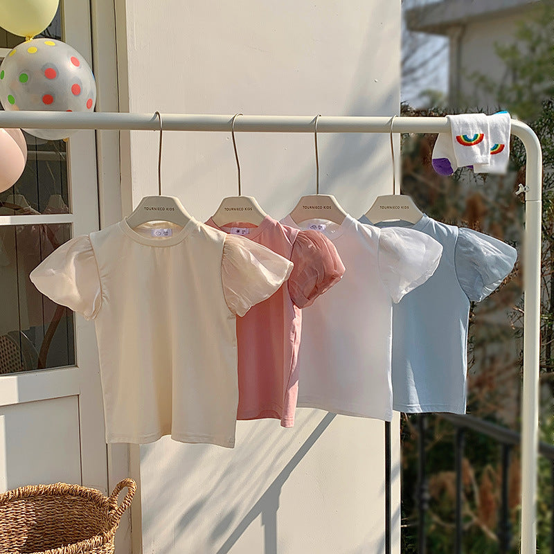 Kids Toddler Girls Casual Cute Solid Color Puff Sleeve Round Neck T-Shirt