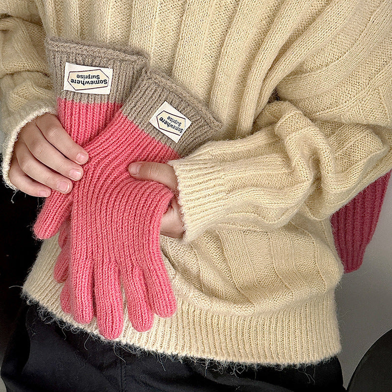 y2k Kids Unisex Autumn Winter Basic Thickening Color Knitwear Finger Gloves