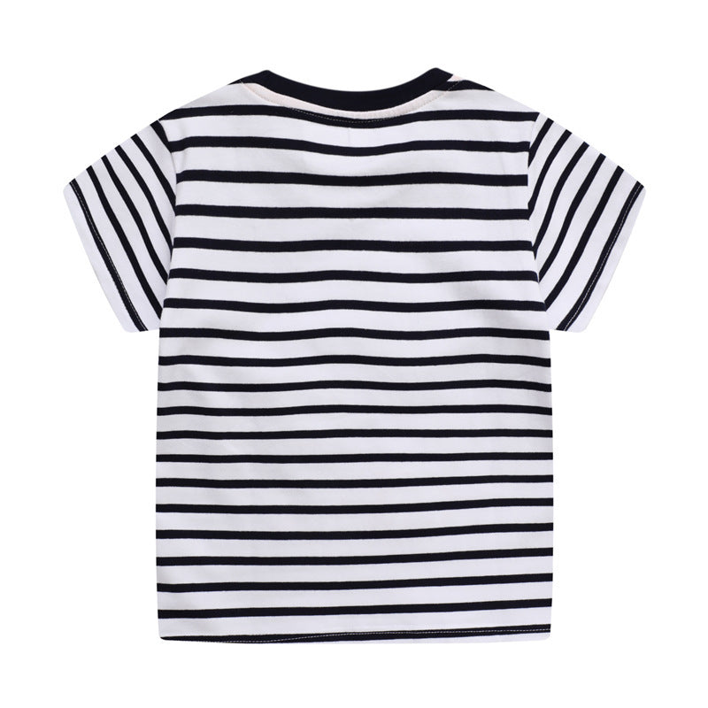 Kids Boys Cute Cartoon Dinosaur Stripe Round Neck Short Sleeve T-shirt