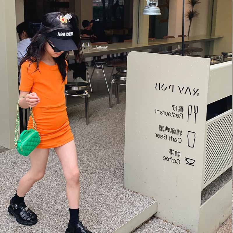 Girls' Fashion Solid Color Short-Sleeve Hollow-Out Slim-Fit Dress