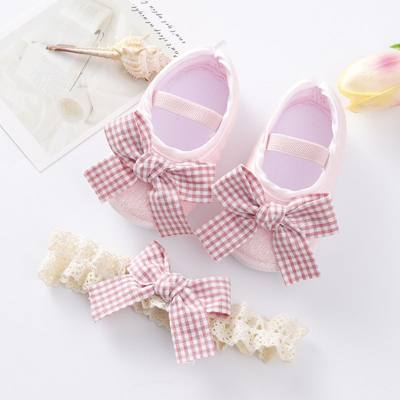 Toddlers Newborn Baby Girls Soft Bottom Non-Slip Bow Shoes And Headband