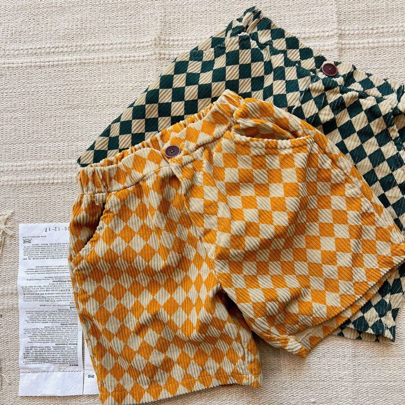 Kids Casual Plaid All Over Print Elastic Loose Corduroy Shorts