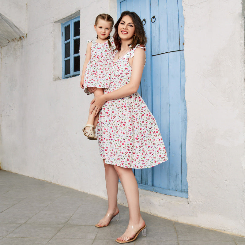 Vacation Summer Floral Cute Mid-Length Mother And Daughter Family Matching Dress