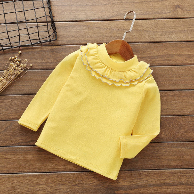 Girls Basic Solid Color Round Neck Long Sleeve Ruffled T-shirt