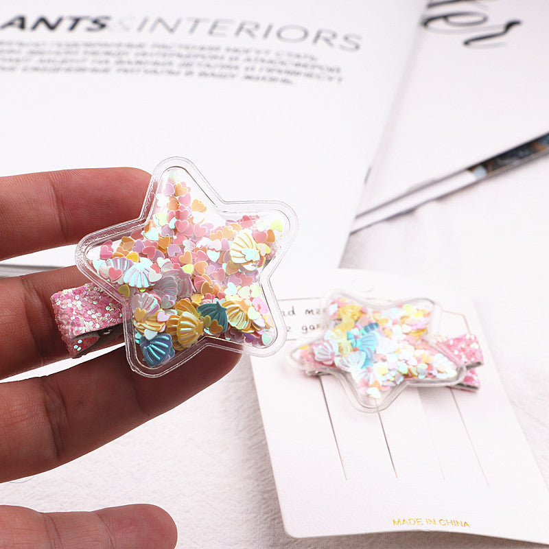 2pcs/set Girls Cute Glitter Star Quicksand Design Hairpin