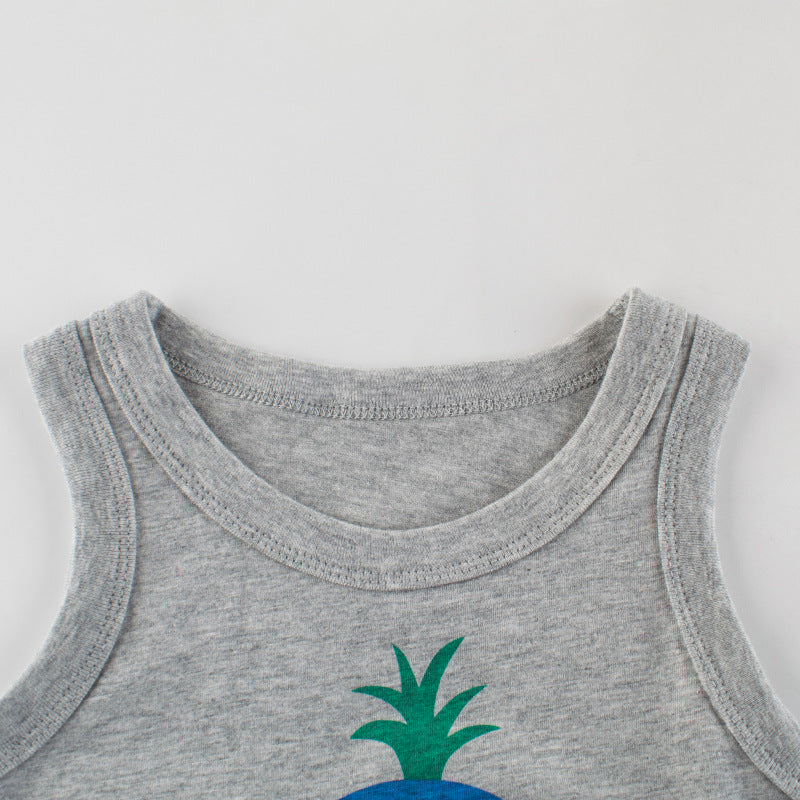Kids Cute Cartoon Fruit Pear Pineapple Pattern Round Neck Sleeveless T-shirt