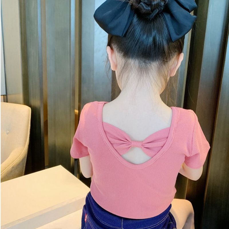 Children Kids Baby Fashion Girls Casual Basic Short Sleeve Solid Color Bowknot T-Shirt