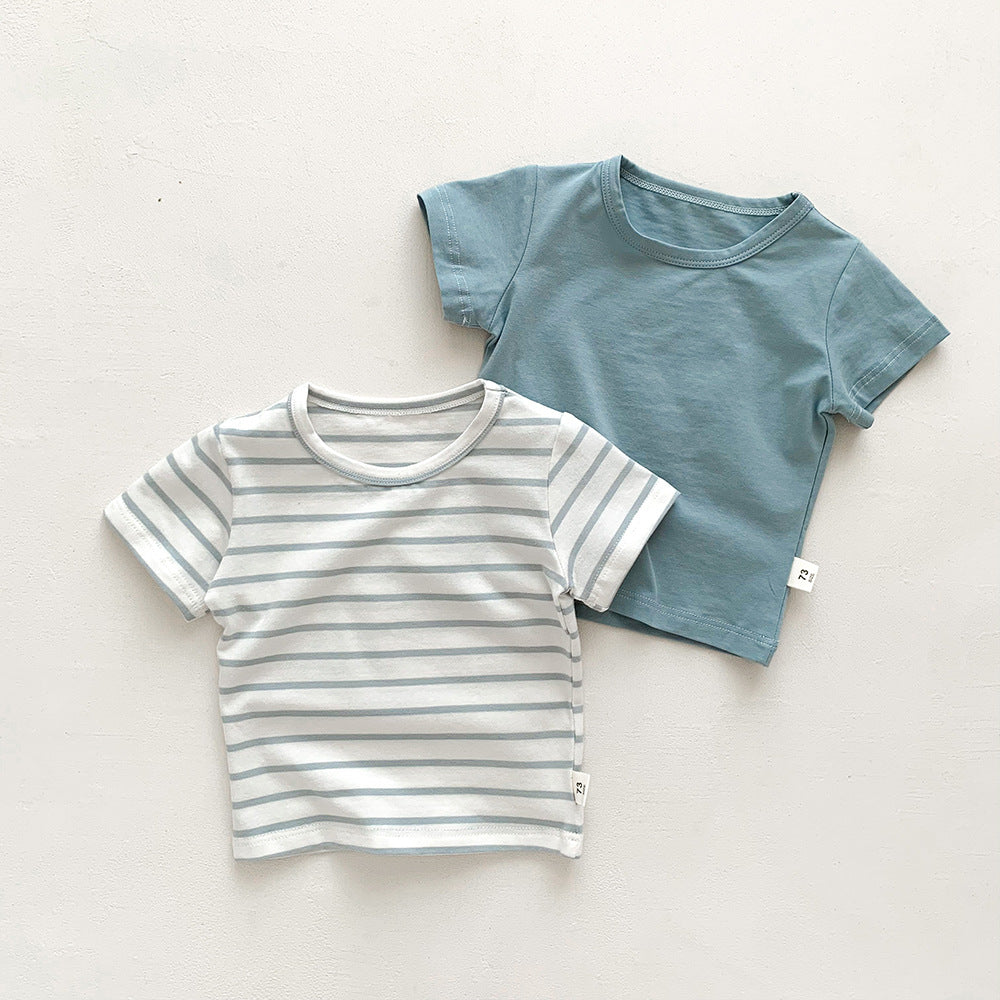 Kids Baby Fashion Casual Solid Color Stripe Cotton Round Neck Short-Sleeve T-Shirt
