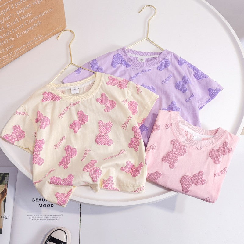 Children Kids Toddlers Girls Short Sleeve Bear Print T-Shirt