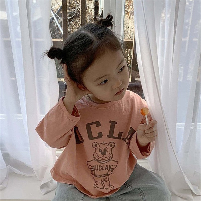 Kids Casual Cartoon Bear Letter Pattern Round Neck Long Sleeve Loose T-shirt
