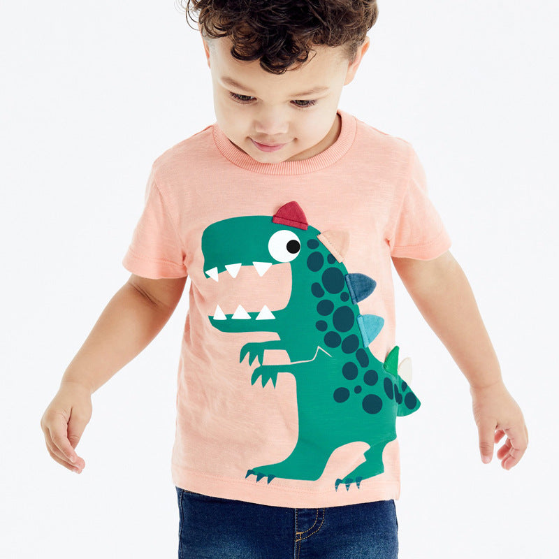 Boys Cute Cartoon Dinosaur Patteirn Round Neck Short Sleeve T-shirt