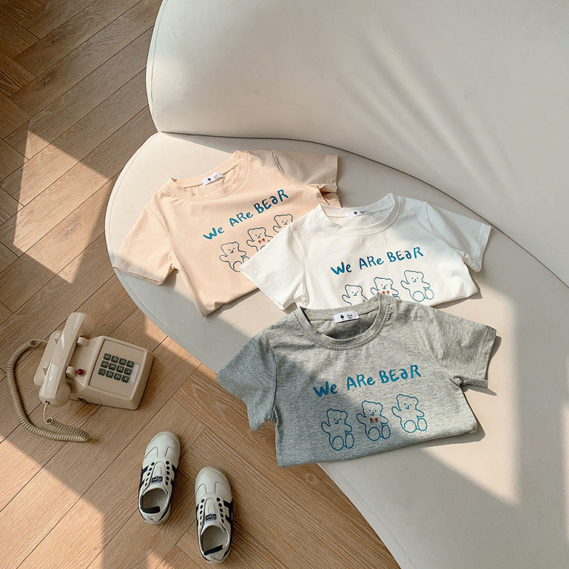 Kids Casual Cartoon Bear Letter Pattern Round Neck Short Sleeve Loose T-shirt