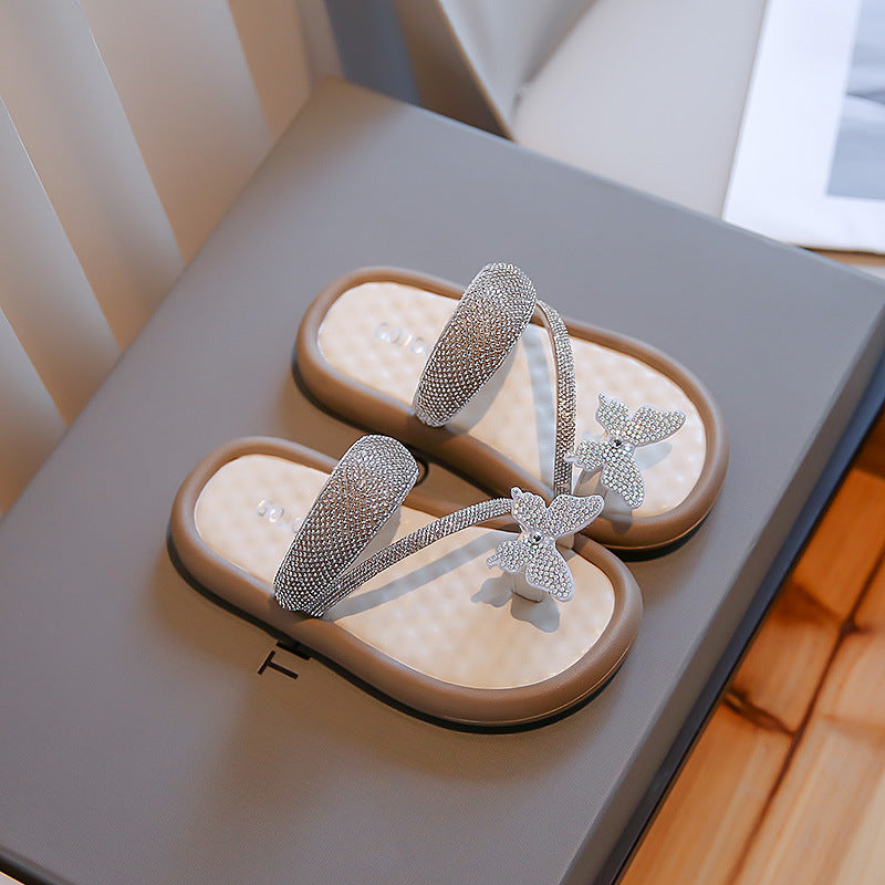 Kids Girls Fashion Casual Butterfly Rhinestone Flat Slippers