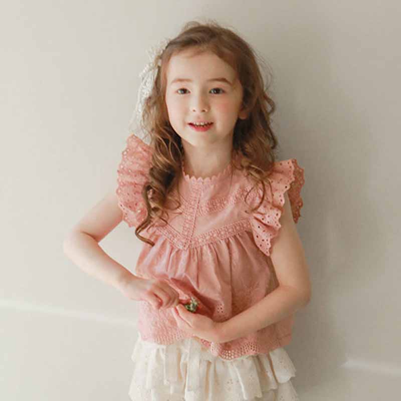 Kids Toddler Girls Casual Cute Solid Color Hollow Lace Cap Sleeve Round Neck T-Shirt