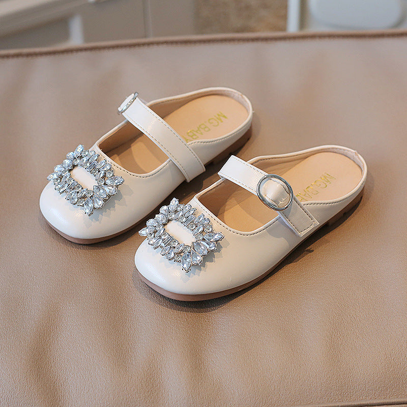 Children Kids Toddlers Fashion Girls Rhinestones Design Slippers Princess Pu Leather Shoes