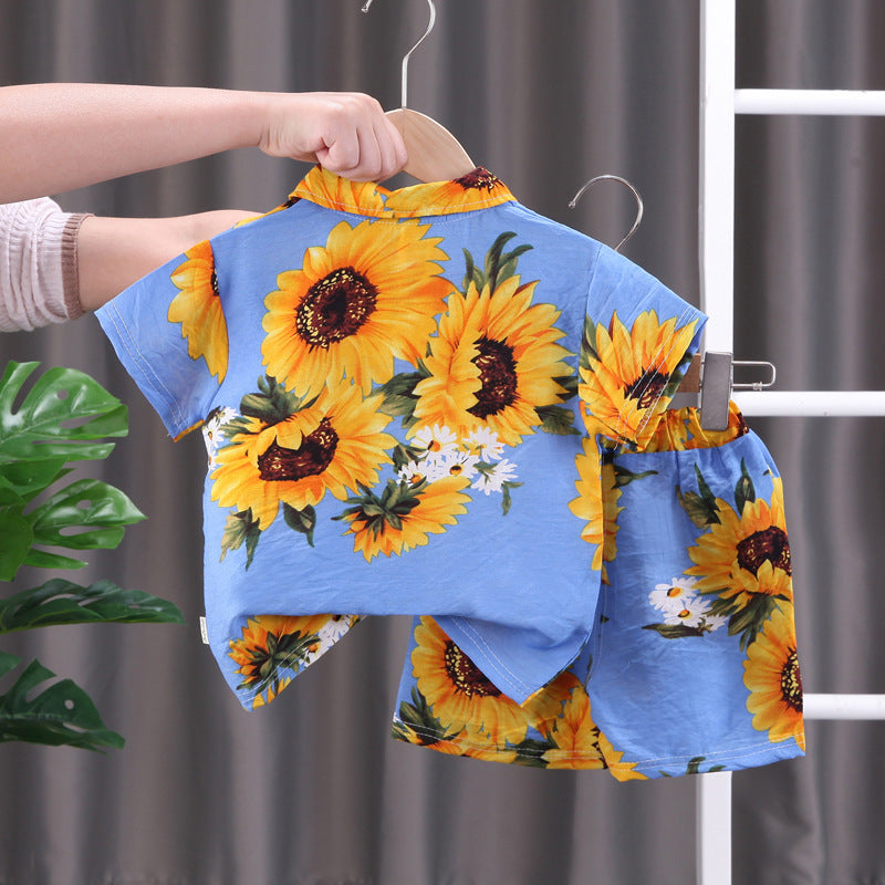 Boys' Fashion Short-Sleeved Printed Shirt Shorts Two-Piece Set