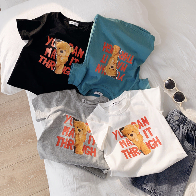 Kids Casual Round Neck Short Sleeve Cartoon Bear Letter Pattern Loose T-shirt