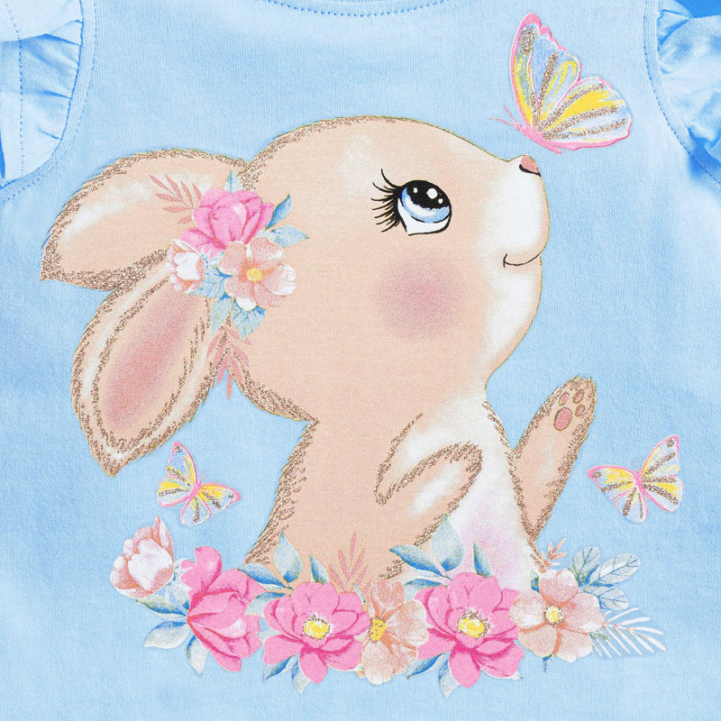 Children Kids Toddlers Fashion Girls Ruffle Sleeve Cute Rabbit Basic T-Shirt