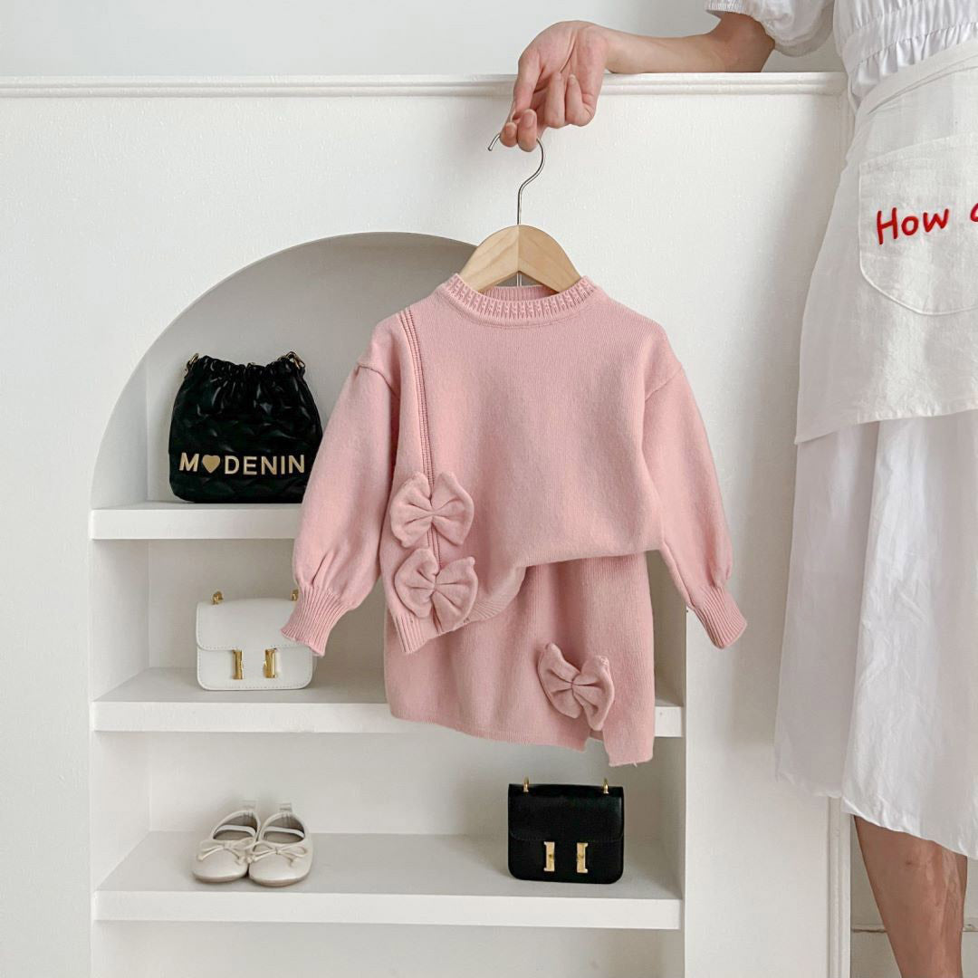 Winter Children Fashion Solid Color Bow Sweater And Skirt Knit Two-Piece Set