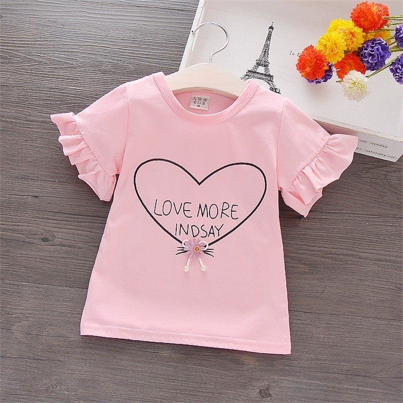 Baby Girls Basic Round Neck Letter Heart Pattern Puff Sleeve Stringy Selvedge T-shirt