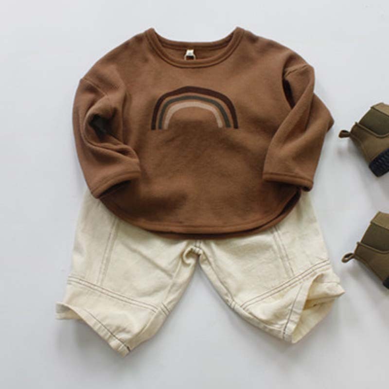 Kids Toddler Boys Girls Casual Cute Rainbow Stripe Waffle Long Sleeve Round Neck T-Shirt