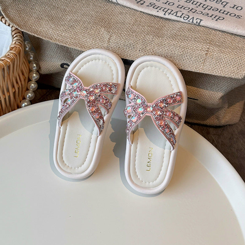 Kids Girls Casual Cute Rhinestone Flat Thick-Soled Slippers