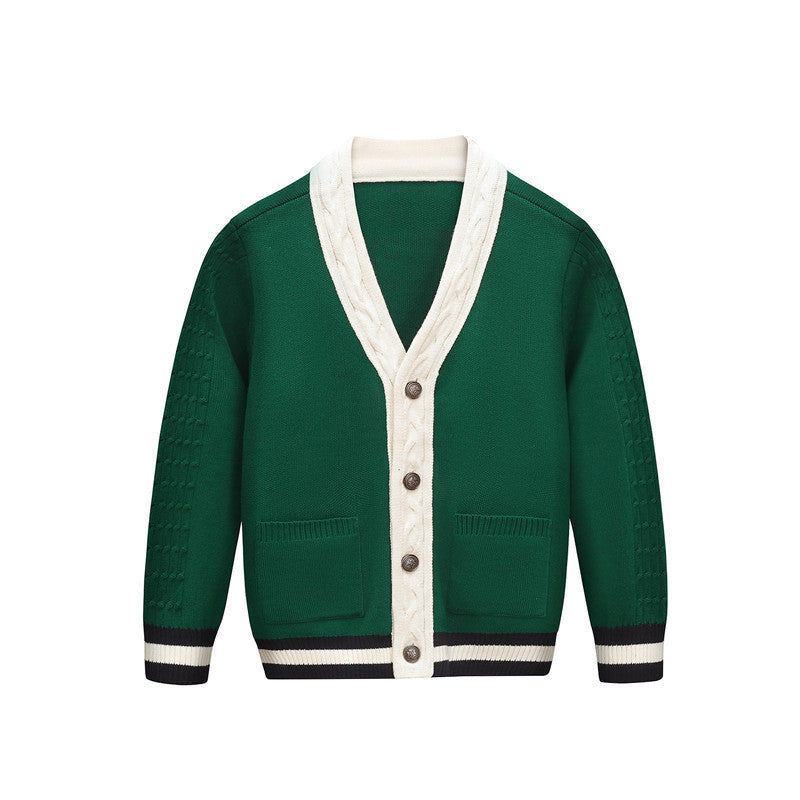 Autumn And Winter Children Fashion Contrast Single-Breasted Knitted Cardigan