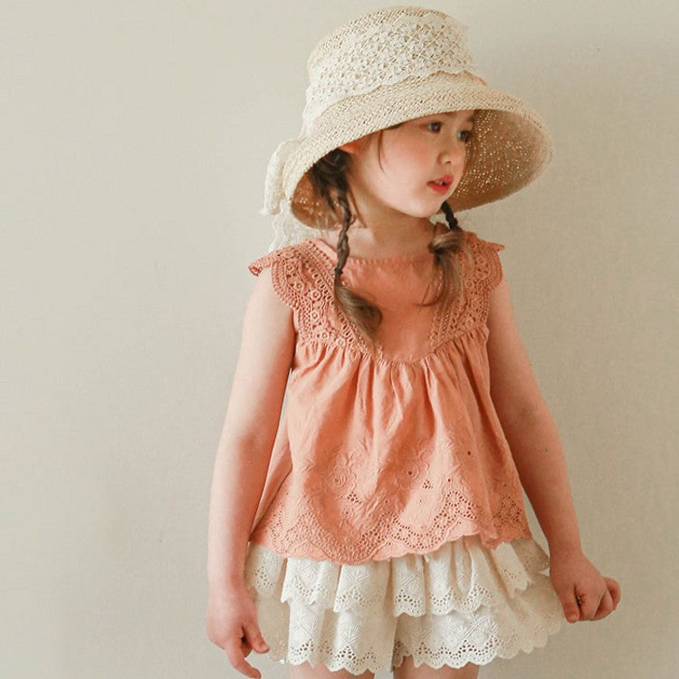 Kids Toddler Girls Casual Cute Solid Color Hollow Sleeveless Round Neck T-Shirt