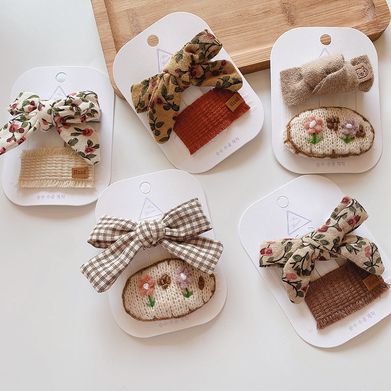 2pcs/set Kids Girls Sweet Bow Oval Square Fabric Knit Hair Accessories Hairpin
