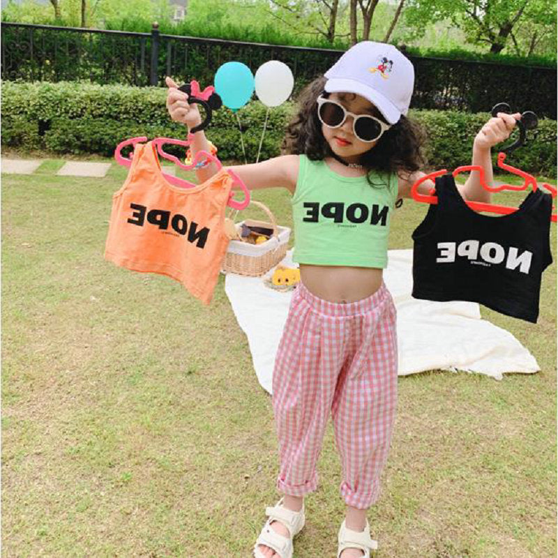 Kids Girls Basic Round Neck Sleeveless Letter Pattern T-shirt