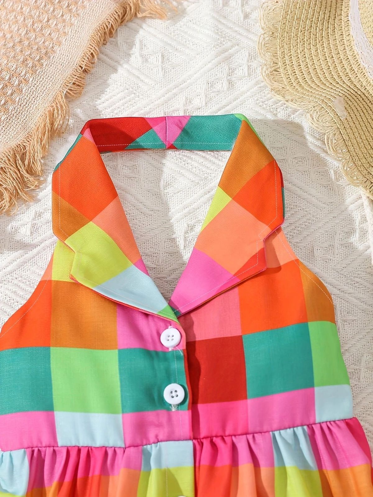 Baby Girls Halter Neck Backless Color Blocking Plaid Dress