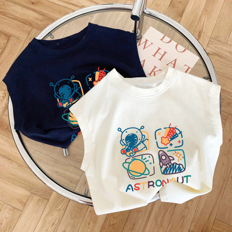 Kids Toddler Girls Boys Summer Basic Cotton Space Cartoon Sleeveless Round Neck T-Shirt