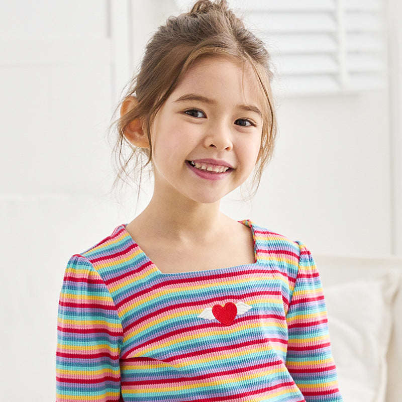 Girl'S Fashion Square Collar Rainbow Stripe Embroidered Top