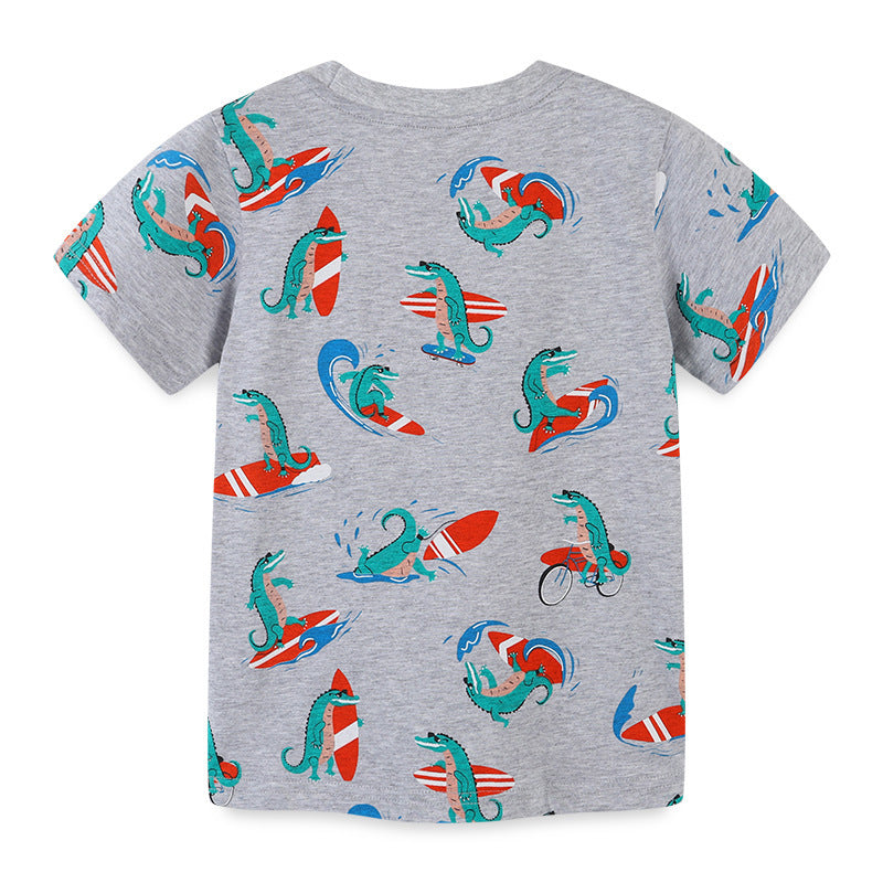 Boys Fashion Beach Style Cartoon Surfer Crocodile Print Cotton T-Shirt