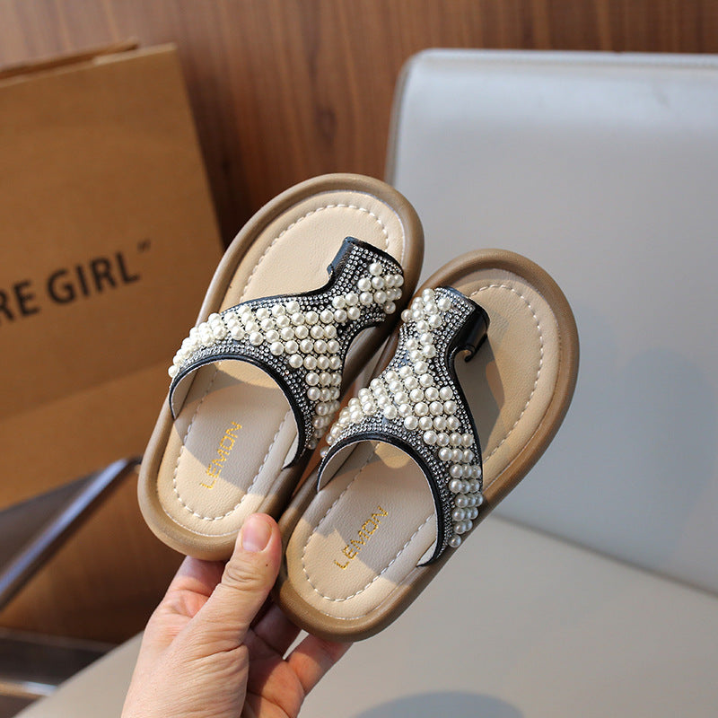Kids Girls Casual Cute Pearl Rhinestone Slippers