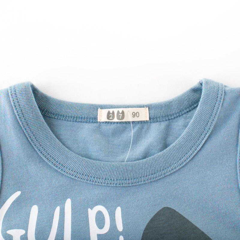 Boys Casual Cartoon Shark Round Neck Sleeveless T-shirt