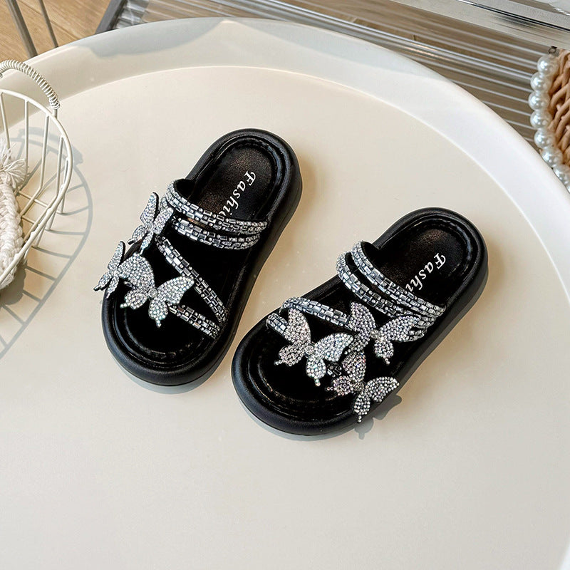 Kids Girls Casual Cute Rhinestone Butterfly Flat Slippers