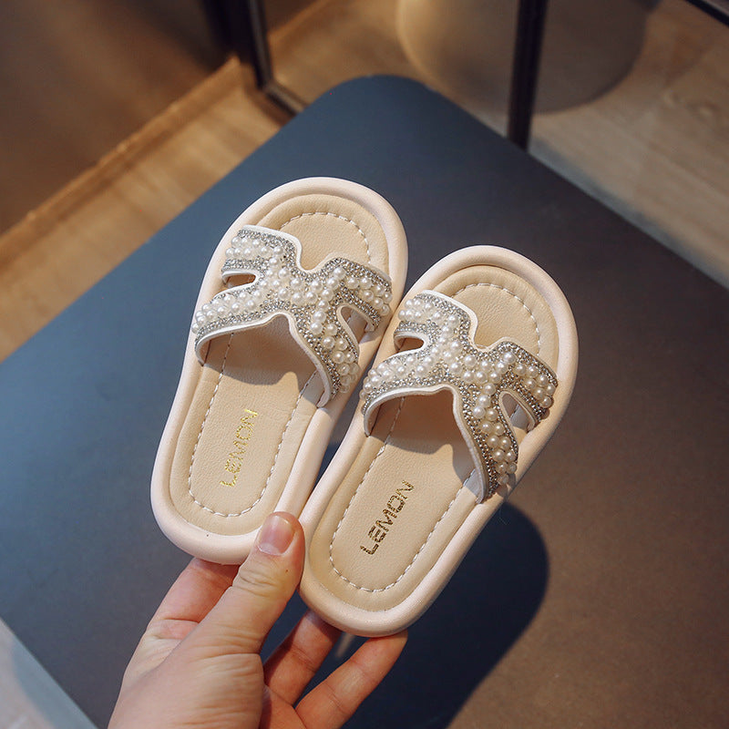 Children Kids Baby Fashion Girls Rhinestone Pearl Casual Outdoor Slippers Shoes